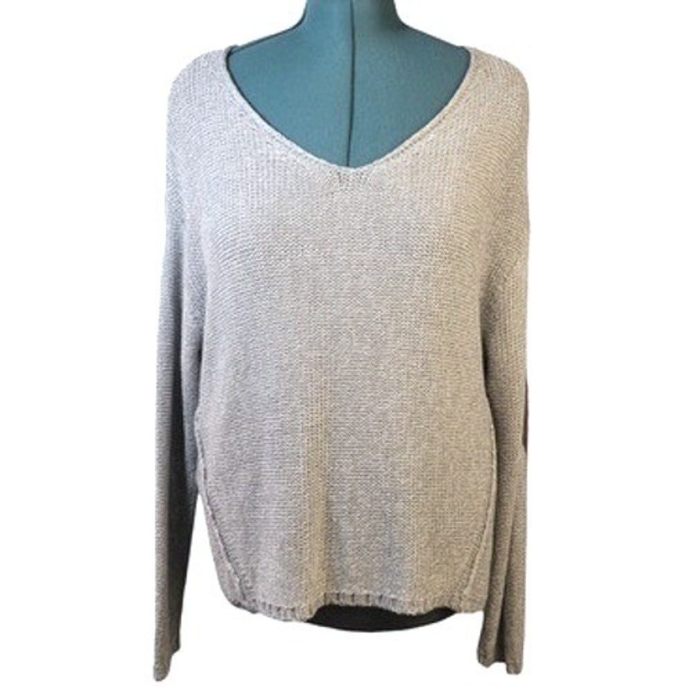 RDI‎ Womens 1X Heather Gray V-Neck Sweater Elbow Patches Pullover